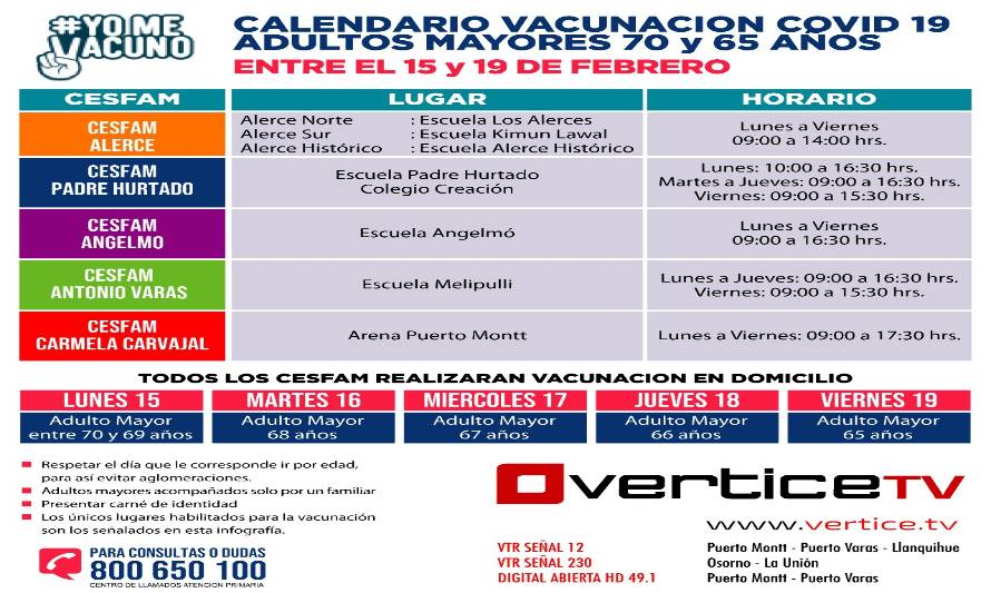 Calendario de Vacunación semana del 15 al 19 de febrero