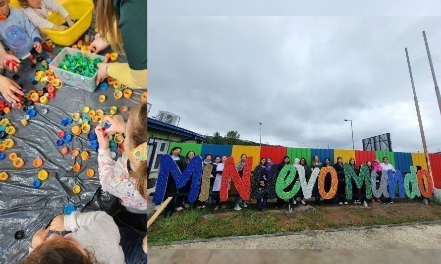 Inauguran letrero sustentable en jardín infantil de Puerto Montt con más de 8 mil tapitas plásticas